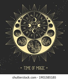 Modern magic witchcraft card with astrology sun and moon sign with human face. Day and nignt. Astrology wheel with zodiac signs. Horoscope vector illustration