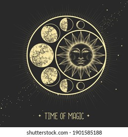 Modern magic witchcraft card with astrology sun and moon sign with human face. Day and nignt.