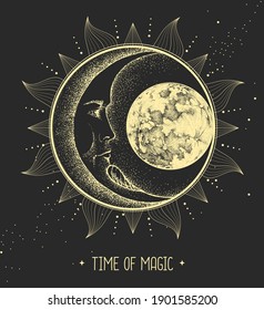 Modern magic witchcraft card with astrology sun and moon sign with human face. Day and nignt.