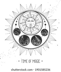 Modern magic witchcraft card with astrology sun and moon sign with human face. Day and nignt.