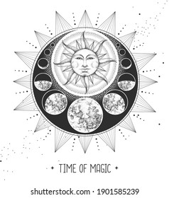 Modern magic witchcraft card with astrology sun and moon sign with human face. Day and nignt.