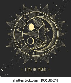 Modern magic witchcraft card with astrology sun and moon sign with human face. Day and nignt.