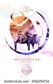 Tarjeta de brujería mágica moderna con signo astrológico Taurus zodiac con textura de tinta alcohólica. Característica del zodiaco. Fondo de textura de mármol