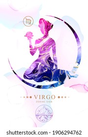 Modern magic witchcraft card with astrology Virgo zodiac sign  with alcohol ink texture. Zodiac characteristic. Marble texture background