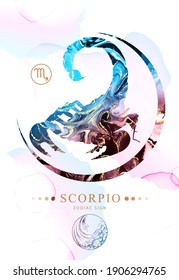 Modern magic witchcraft card with astrology Scorpio zodiac sign  with alcohol ink texture. Zodiac characteristic. Marble texture background