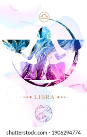 Modern magic witchcraft card with astrology Libra zodiac sign  with alcohol ink texture. Zodiac characteristic. Marble texture background