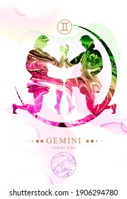 Modern magic witchcraft card with astrology Gemini zodiac sign  with alcohol ink texture. Zodiac characteristic. Marble texture background