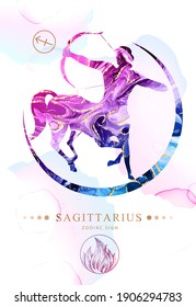 Modern magic witchcraft card with astrology Sagittarius zodiac sign  with alcohol ink texture. Zodiac characteristic. Marble texture background