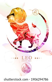 Modern magic witchcraft card with astrology Leo zodiac sign  with alcohol ink texture. Zodiac characteristic. Marble texture background