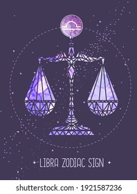 Modern magic witchcraft card with astrology Libra zodiac sign. Polygonal style. Scales illustration