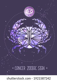 Modern magic witchcraft card with astrology Cancer zodiac sign. Crab illustration in polygolan style