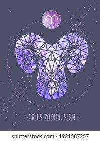 Modern magic witchcraft card with astrology Aries zodiac sign. Ram or mouflon head in polygonal style