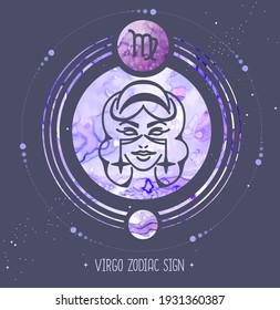 Modern magic witchcraft card with astrology Virgo zodiac sign. Alcohol ink background. Zodiac characteristic
