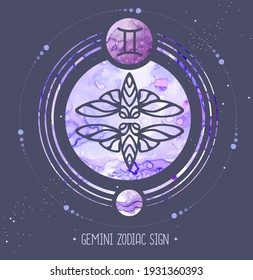 Modern magic witchcraft card with astrology Gemini zodiac sign. Alcohol ink background. Zodiac characteristic