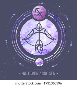 Modern magic witchcraft card with astrology Sagittarius zodiac sign. Alcohol ink background. Zodiac characteristic