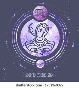 Modern magic witchcraft card with astrology Scorpio zodiac sign. Alcohol ink background. Zodiac characteristic