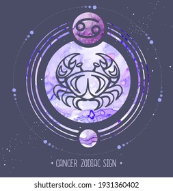 Modern magic witchcraft card with astrology Cancer zodiac sign. Alcohol ink background. Zodiac characteristic