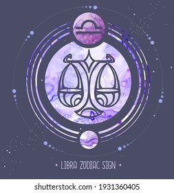 Modern magic witchcraft card with astrology Libra zodiac sign. Alcohol ink background. Zodiac characteristic