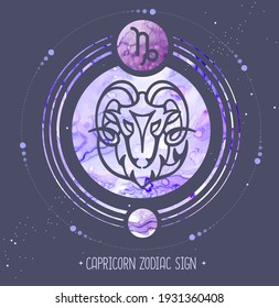 Modern magic witchcraft card with astrology Capricorn zodiac sign. Alcohol ink background. Zodiac characteristic