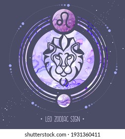 Modern magic witchcraft card with astrology Leo zodiac sign. Alcohol ink background. Zodiac characteristic