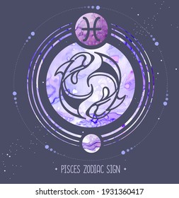 Modern magic witchcraft card with astrology Pisces zodiac sign. Alcohol ink background. Zodiac characteristic