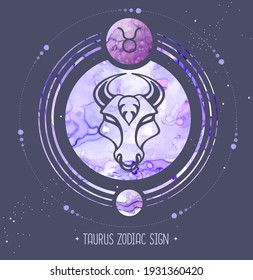 Modern magic witchcraft card with astrology Taurus zodiac sign. Alcohol ink background. Zodiac characteristic