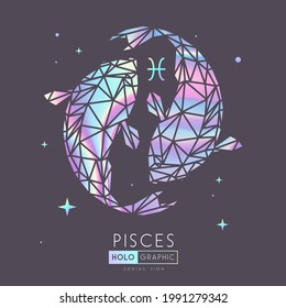 Tarjeta de brujería mágica moderna con signo de astrología Pisces zodiac. Ilustración holográfica de pescado de Koi en estilo poligonal