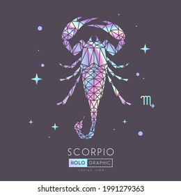 Tarjeta de brujería mágica moderna con signo de astrología Scorpio zodiac. Ilustración de escorpión holográfico en estilo poligonal