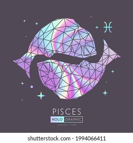 Tarjeta de brujería mágica moderna con signo de astrología Pisces zodiac. Ilustración holográfica de pescado de Koi en estilo poligonal