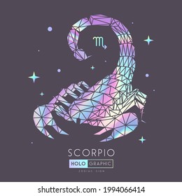 Tarjeta de brujería mágica moderna con signo de astrología Scorpio zodiac. Ilustración de escorpión holográfico en estilo poligonal