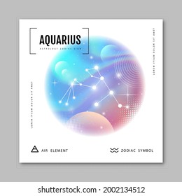 Moderne magische Hexenkarte mit Astrologie Aquarius zodiac-Konstellation auf holografischem Hintergrund