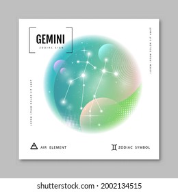 Moderne magische Hexenkarte mit Astrologie Gemini zodiac-Konstellation auf holografischem Hintergrund