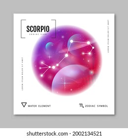 Moderne magische Hexenkarte mit Astrologie Scorpio zodiac-Konstellation auf holografischem Hintergrund