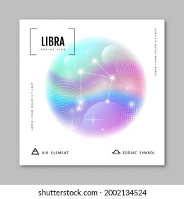 Moderne magische Hexenkarte mit Astrologie Libra zodiac-Konstellation auf holografischem Hintergrund