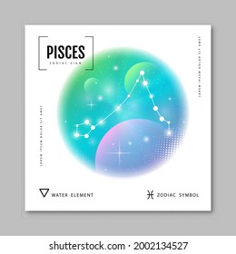 Moderne magische Hexenkarte mit Astrologie Pisces zodiac-Konstellation auf holografischem Hintergrund