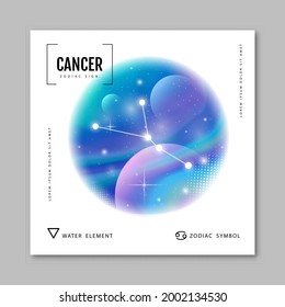 Modern magic witchcraft card with astrology Cancer zodiac constellation on holographic flow background