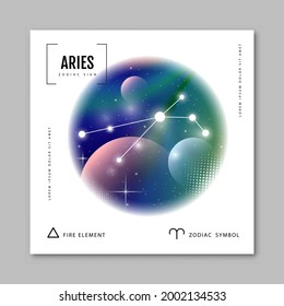 Tarjeta de brujería mágica moderna con astrología Aries constelación zodiaca sobre fondo de flujo holográfico