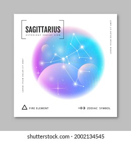 Modern magic witchcraft card with astrology Sagittarius zodiac constellation on holographic flow background