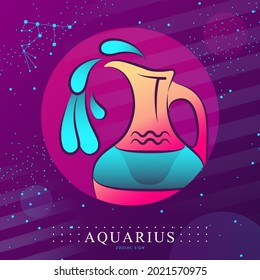 Modern magic witchcraft card with astrology Aquarius zodiac sign. Water jug logo design