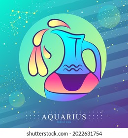 Modern magic witchcraft card with astrology Aquarius zodiac sign. Water jug logo design