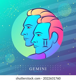 Modern magic witchcraft card with astrology Gemini zodiac sign. Two brothers illustration