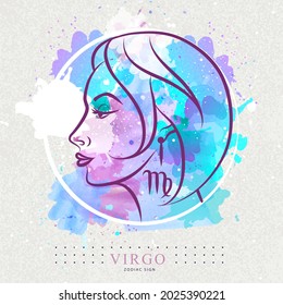 Modern magic witchcraft card with astrology Virgo zodiac sign. Woman head logo design