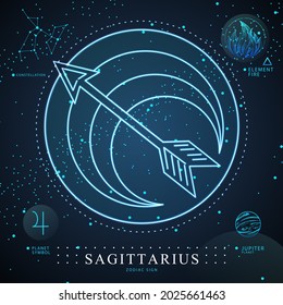 Tarjeta de brujería mágica moderna con signo de astrología Sagittarius neon zodiac. Neon Bow e ilustración de flecha. Característica del zodiaco