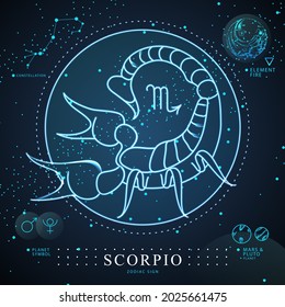 Modern magic witchcraft card with astrology Scorpio neon zodiac sign. Neon scorpion illustration. Zodiac characteristic