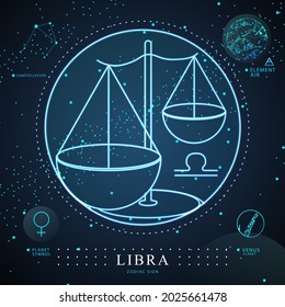 Modern magic witchcraft card with astrology Libra zodiac sign. Neon scales illustration. zodiac characteristic