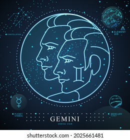 Modern magic witchcraft card with astrology Gemini zodiac sign. Neon two brothers illustration. Zodiac characteristic