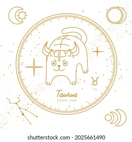 Modern magic witchcraft card with astrology Taurus zodiac sign. Cartoon zodiac sign. Funny cat