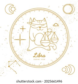 Modern magic witchcraft card with astrology Libra zodiac sign. Cartoon zodiac sign. Funny cat