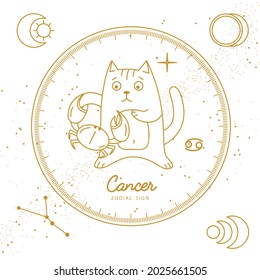 Modern magic witchcraft card with astrology Cancer zodiac sign. Cartoon zodiac sign. Funny cat