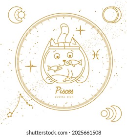 Modern magic witchcraft card with astrology Pisces zodiac sign. Cartoon zodiac sign. Funny cat